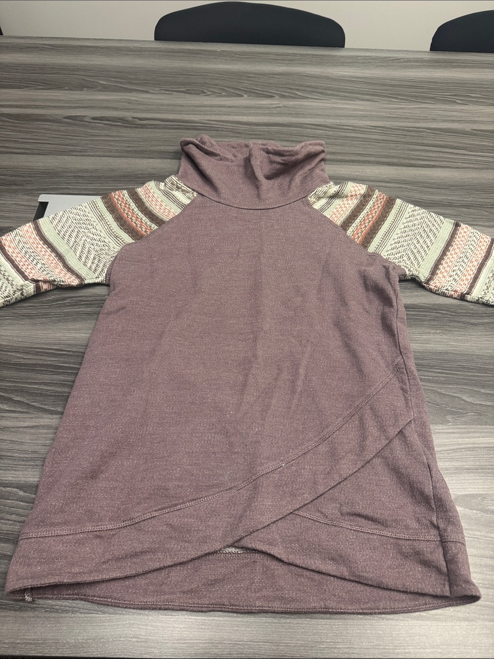 Maurices Dusty Mauve Cowl Neck Sweater with Patterned Raglan Sleeves